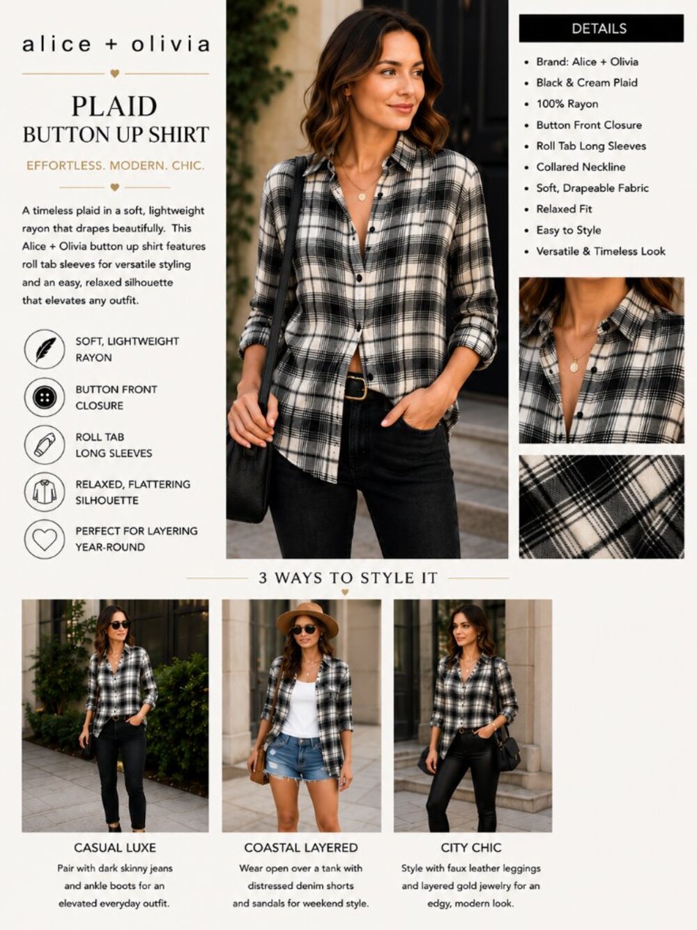 Alice + Olivia Shirt Plaid Pattern Button Up Black Cream Rayon Roll Tab Designer